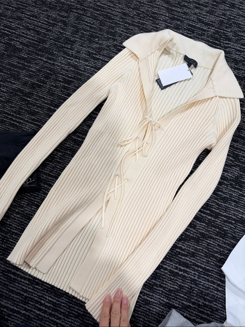 Ribbed Lace-Up V-Neck Sweater Top in Cream